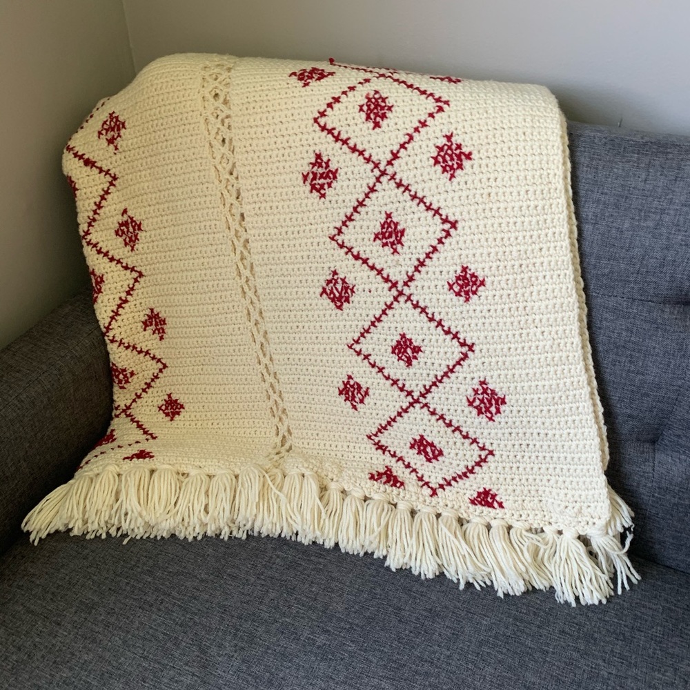 Vintage ivory and red Afghan